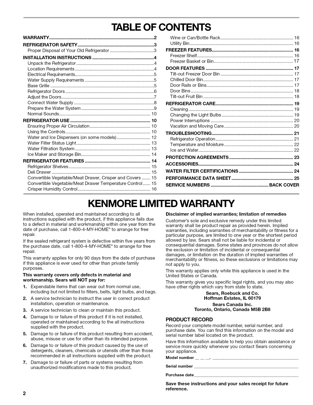 Kenmore W10215709A manual Table of Contents 