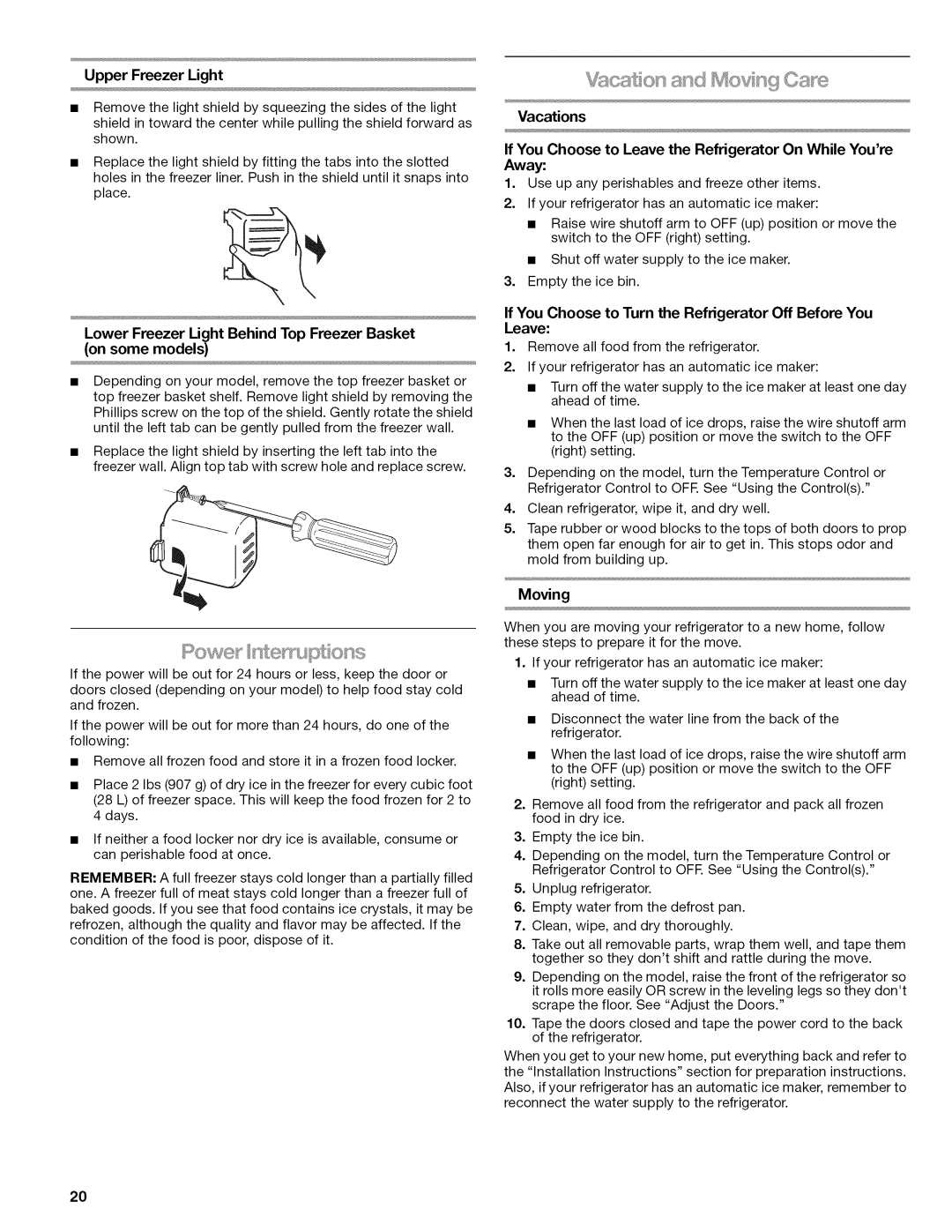 Kenmore W10215709A manual Upper Freezer Light, If You Choose to Turn the Refrigerator Off Before You Leave, Moving 