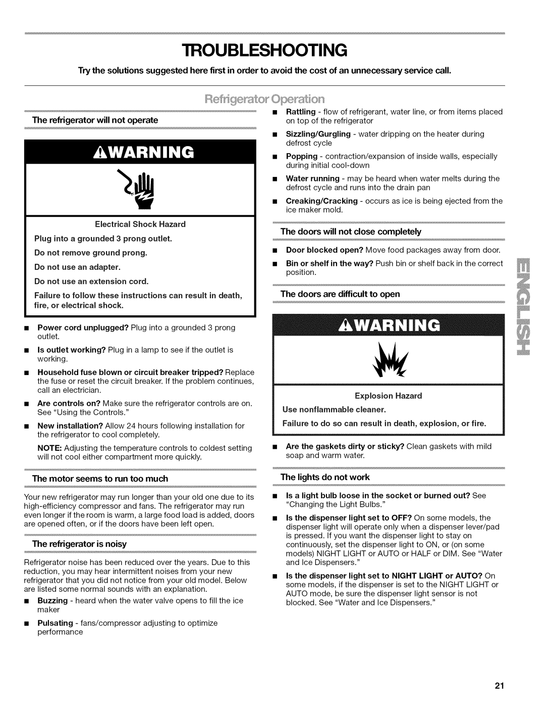 Kenmore W10215709A manual Refrigerator will not operate, Doors are difficult to open, Lights do not work 