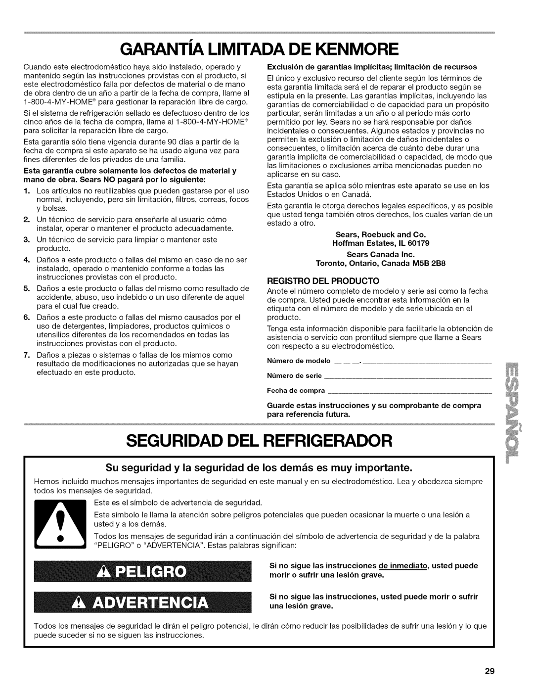 Kenmore W10215709A manual Garanta Limitada DE Kenmore, Seguridad DEL Refrigerador, Registro DEL Producto 