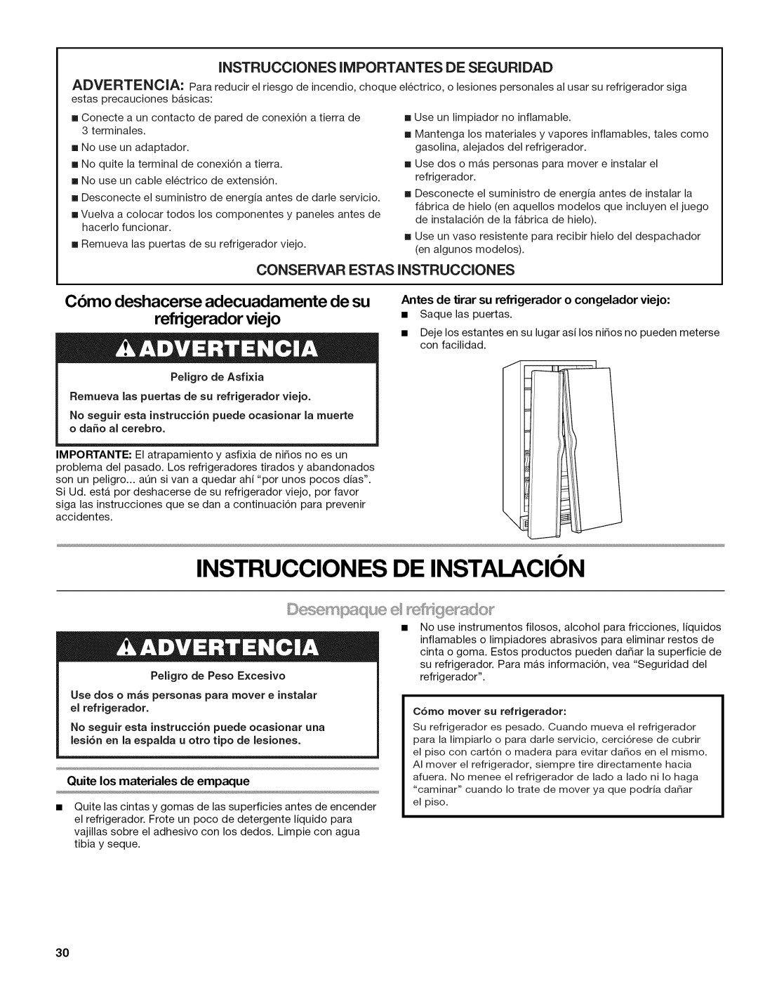 Kenmore W10215709A Instrucciones DE Instalacion, Antes de tirar su refrigerador o congelador viejo, Peligro de Asfi×ia 