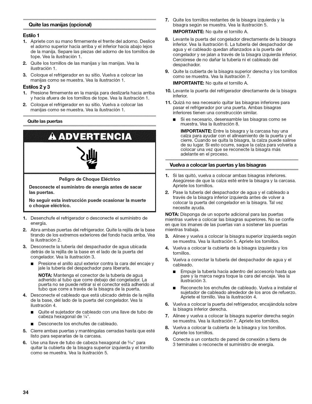 Kenmore W10215709A manual Quite las manijas opcional Estilo, Estilos 2 y, Quite las puertas Peligro de Choque EI6ctrico 