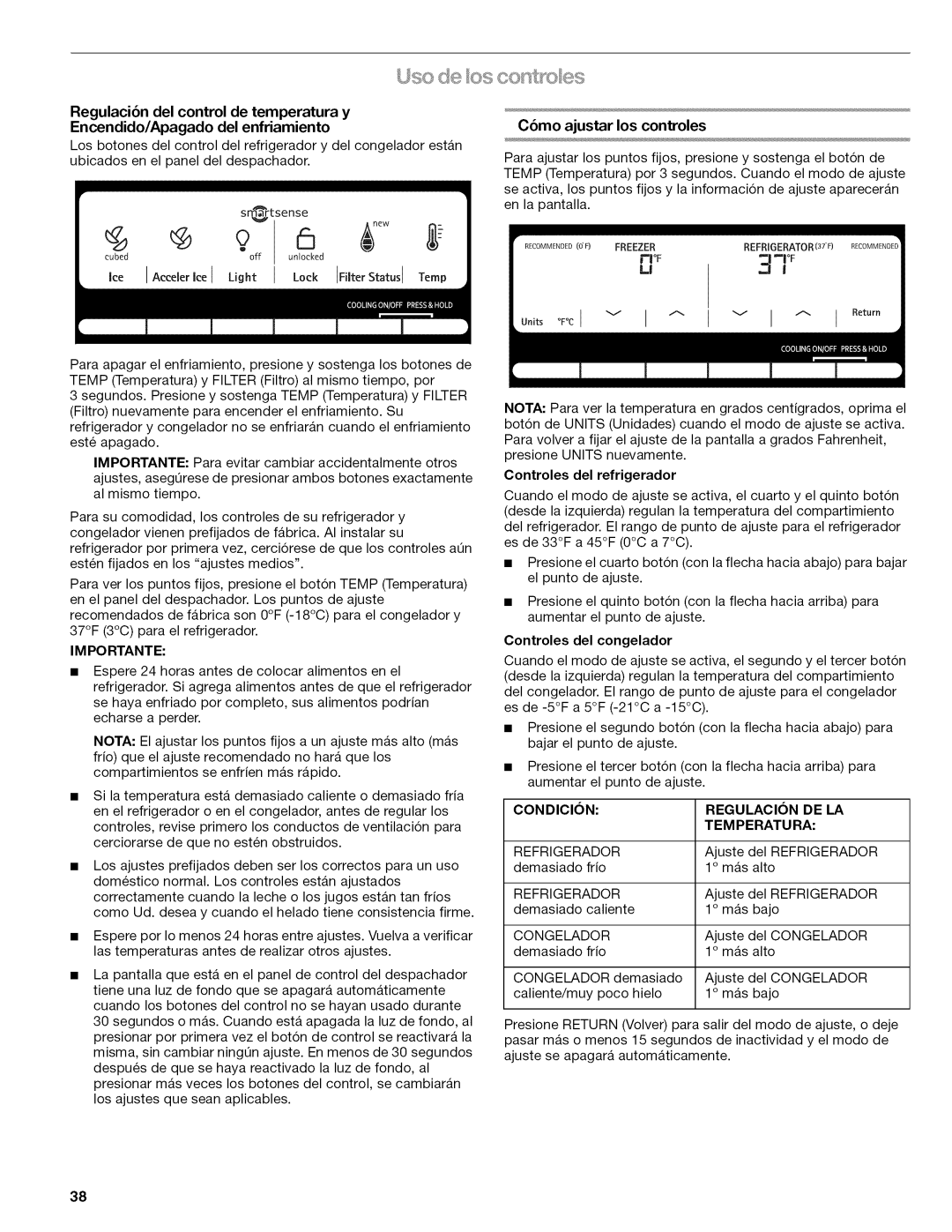 Kenmore W10215709A manual Lock Filter Status Temp, IM PO Rtante, C6mo ajustar los controles 