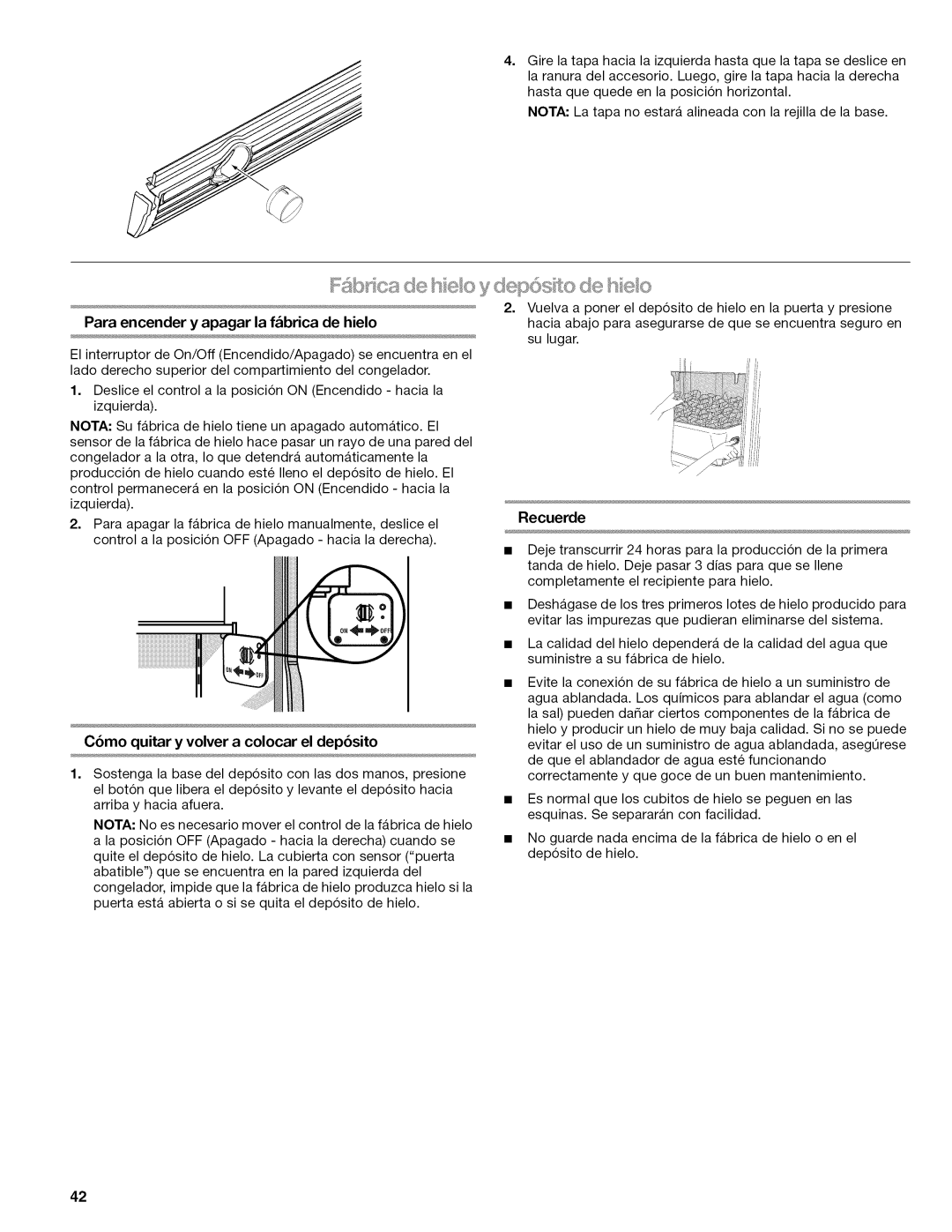 Kenmore W10215709A manual De seo y deps to Siieo, Cbmo quitar y volver a colocar el dep6sito, Recuerde 