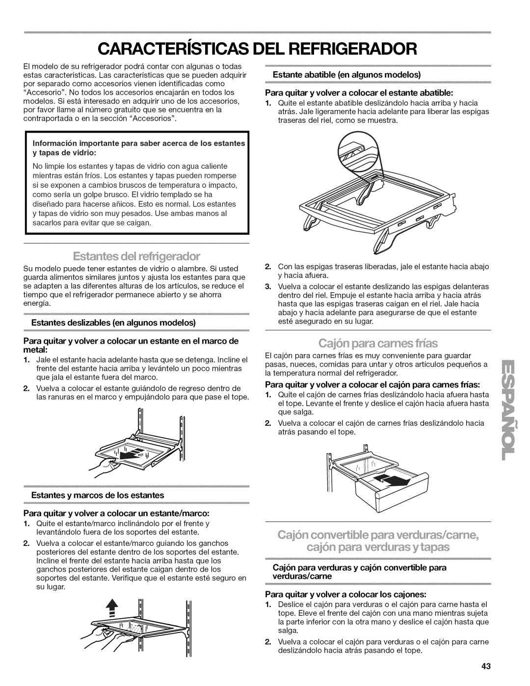 Kenmore W10215709A Estantes deslizables en algunos modelos, Para quitar y volver a colocar el caj6n para carnes frias 