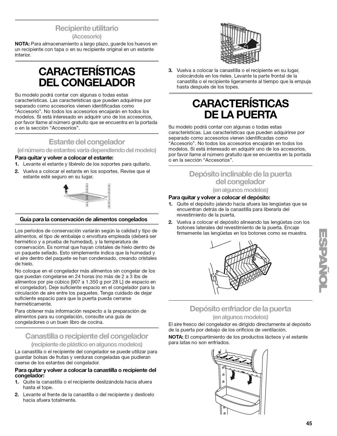 Kenmore W10215709A manual Caractersticas, S?de congead@, Canasta o ?cp e£ede conge ados, @sto c nab e de a pue de cnge ado 