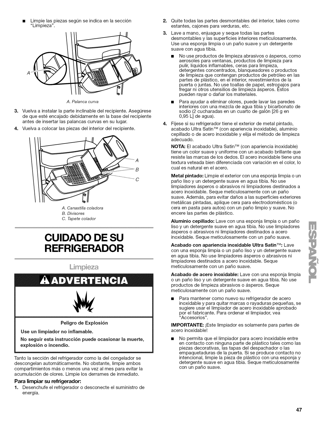 Kenmore W10215709A manual Cuidado DE SU Refrigerador, Para limpiar su refrigerador 