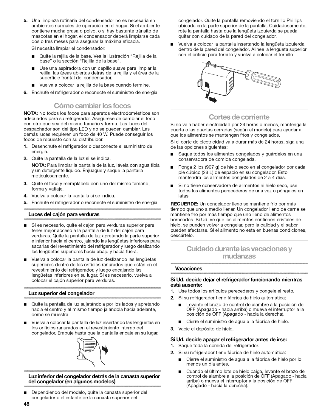 Kenmore W10215709A manual Co tes de Ste, Luz superior del congelador, Luces del caj6n para verduras 