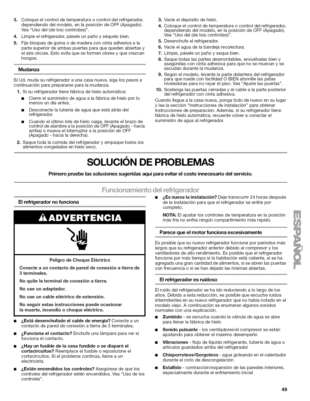 Kenmore W10215709A Mudanza, No funciona, Peligro de Cheque EI6ctrico, Estan encendidos los controles? AsegQrese de que los 