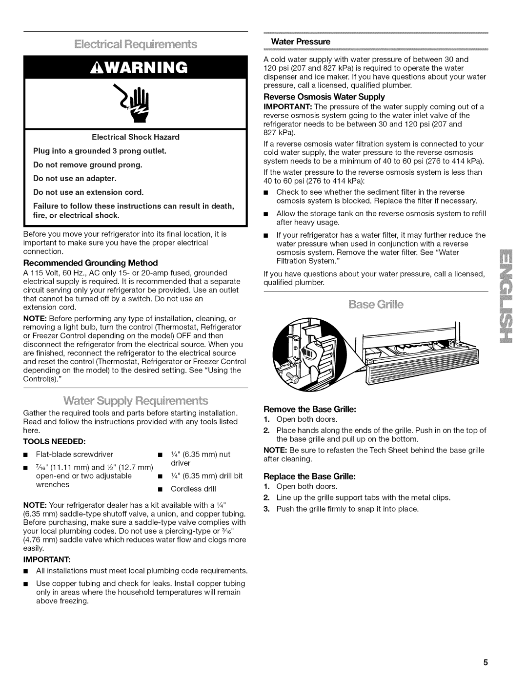 Kenmore W10215709A manual Water Pressure, Tools Needed, Remove the Base Grille, Replace the Base Grille 