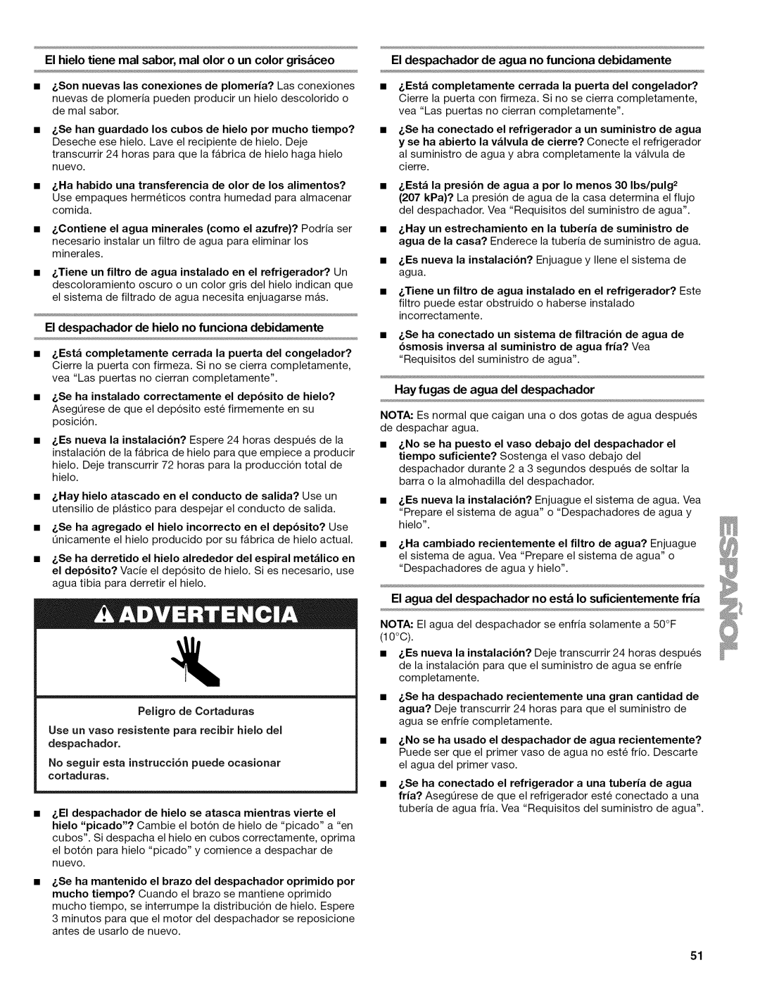 Kenmore W10215709A manual El despachador de hielo no funciona debidamente, Hay fugas de agua del despachador 