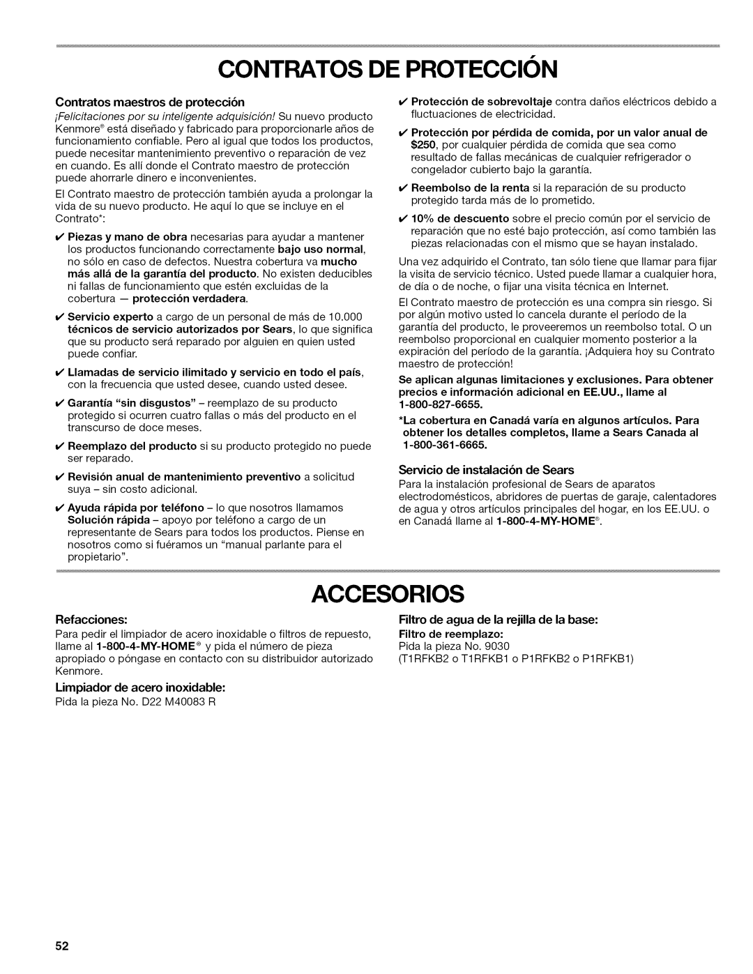 Kenmore W10215709A manual Contratos DE Proteccion, Refacciones 