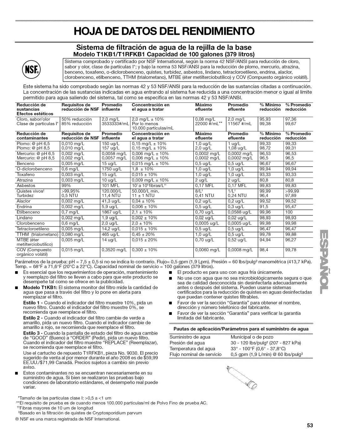 Kenmore W10215709A manual Hoja DE Datos DEL Rendimiento, Modelo T1KB1/T1RFKB1 Capacidad de 100 galones 379 litros 