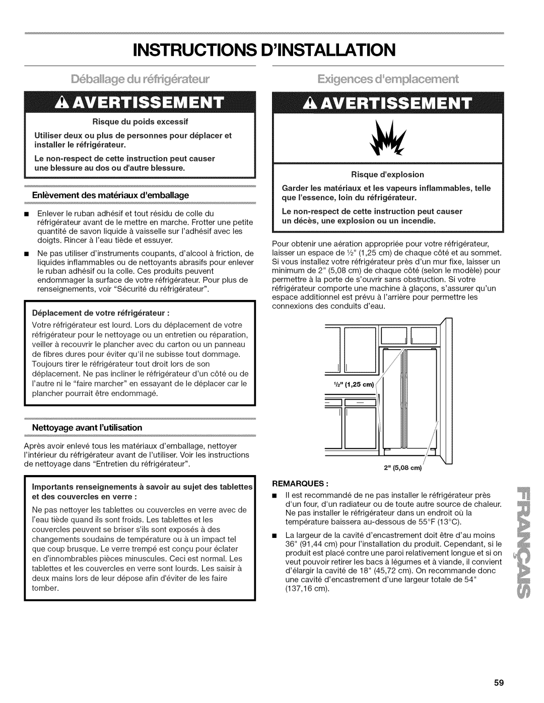 Kenmore W10215709A manual Dplacement de votre rfrig6rateur, Nettoyage avant Iutilisation, Remarques 