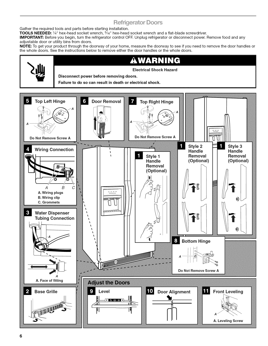 Kenmore W10215709A manual Top Left Hinge, Wiringplugs, Grommets Water Dispenser Tubing Connection, Removal, Optional 