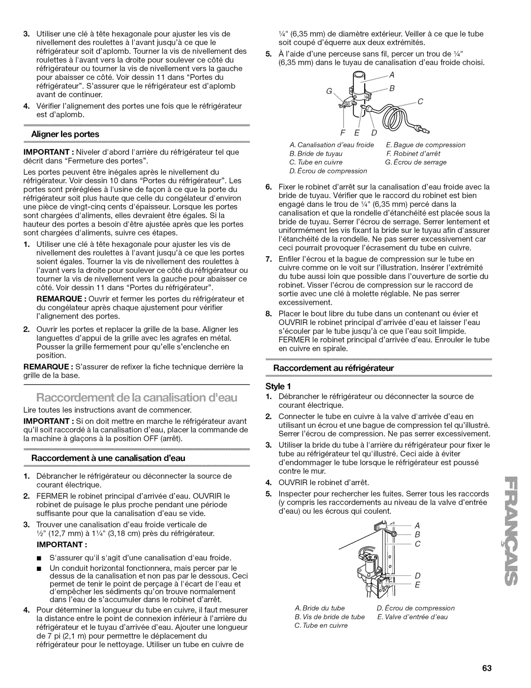 Kenmore W10215709A manual Raccordement au r6frigrateur, Aligner les portes, Raccordement & une canalisation deau 