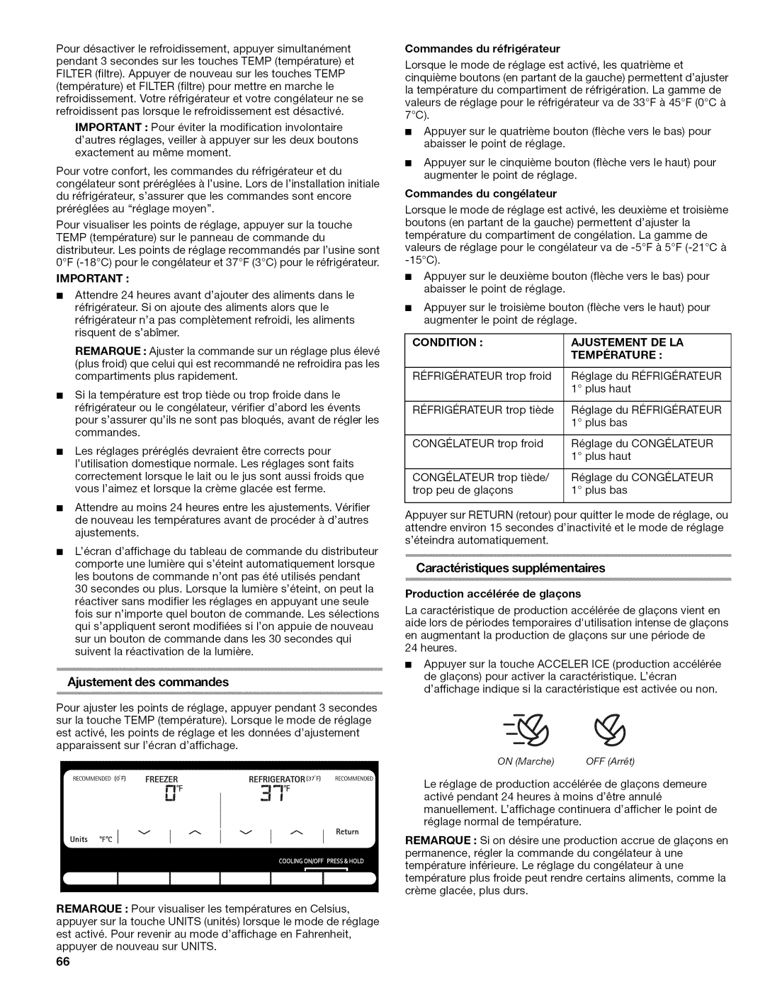 Kenmore W10215709A manual Ajustement des commandes, Commandes du rfrigrateur, Condition Ajustement DE LA Tempirature 