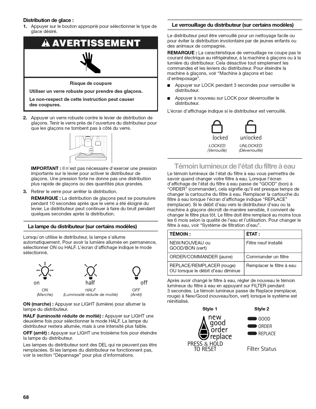 Kenmore W10215709A manual La lampe du distributeur sur certains modules, Distribution de glace, Timoin Itat, Style 1Style 