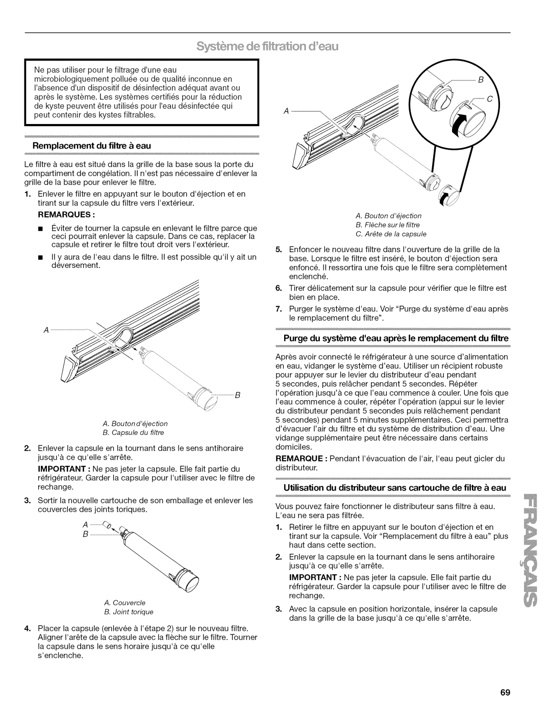 Kenmore W10215709A manual Remplacement du filtre eau, Purge du systme deau aprs le remplacement du filtre 