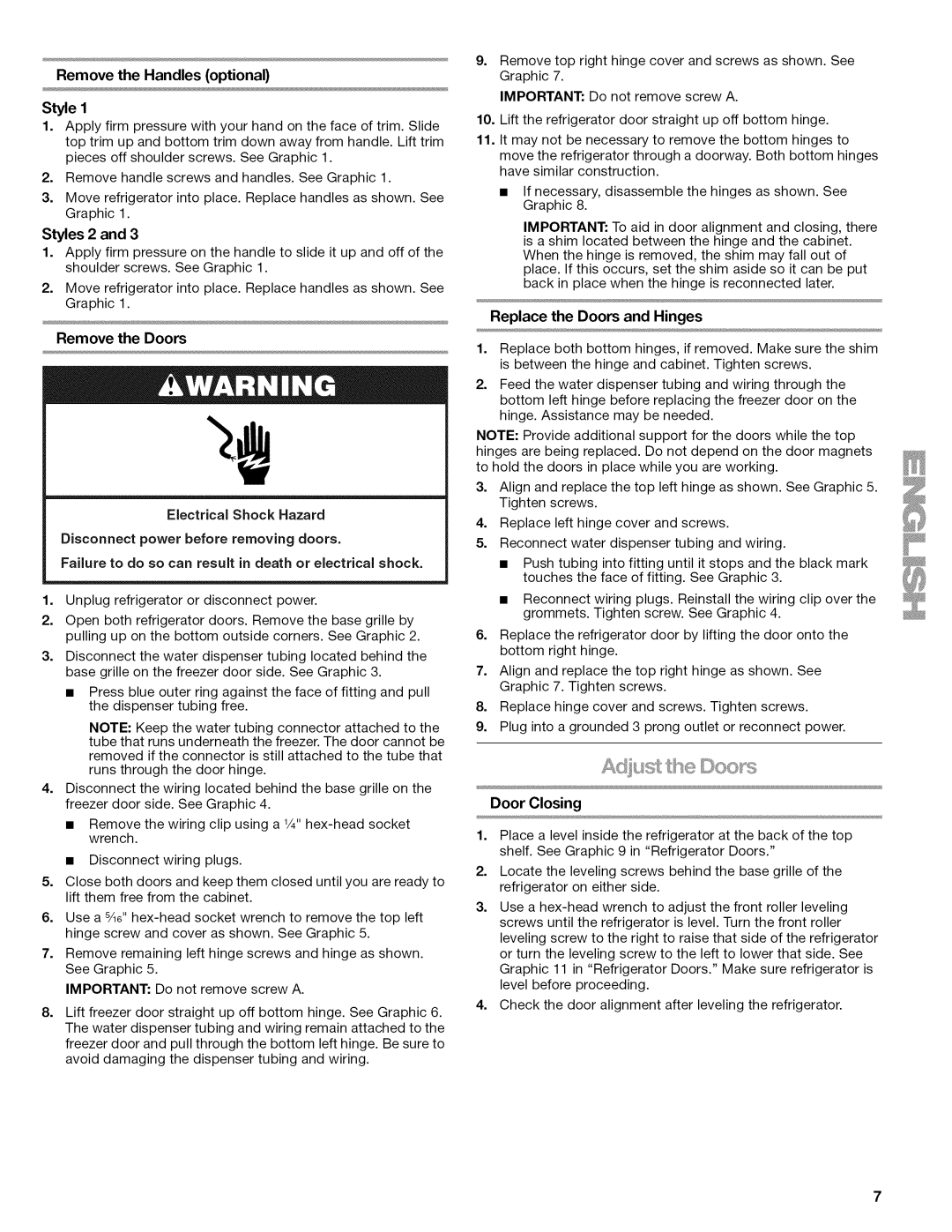 Kenmore W10215709A manual Replace the Doors and Hinges, Remove the Handles optional, Styles 2, Door Closing 