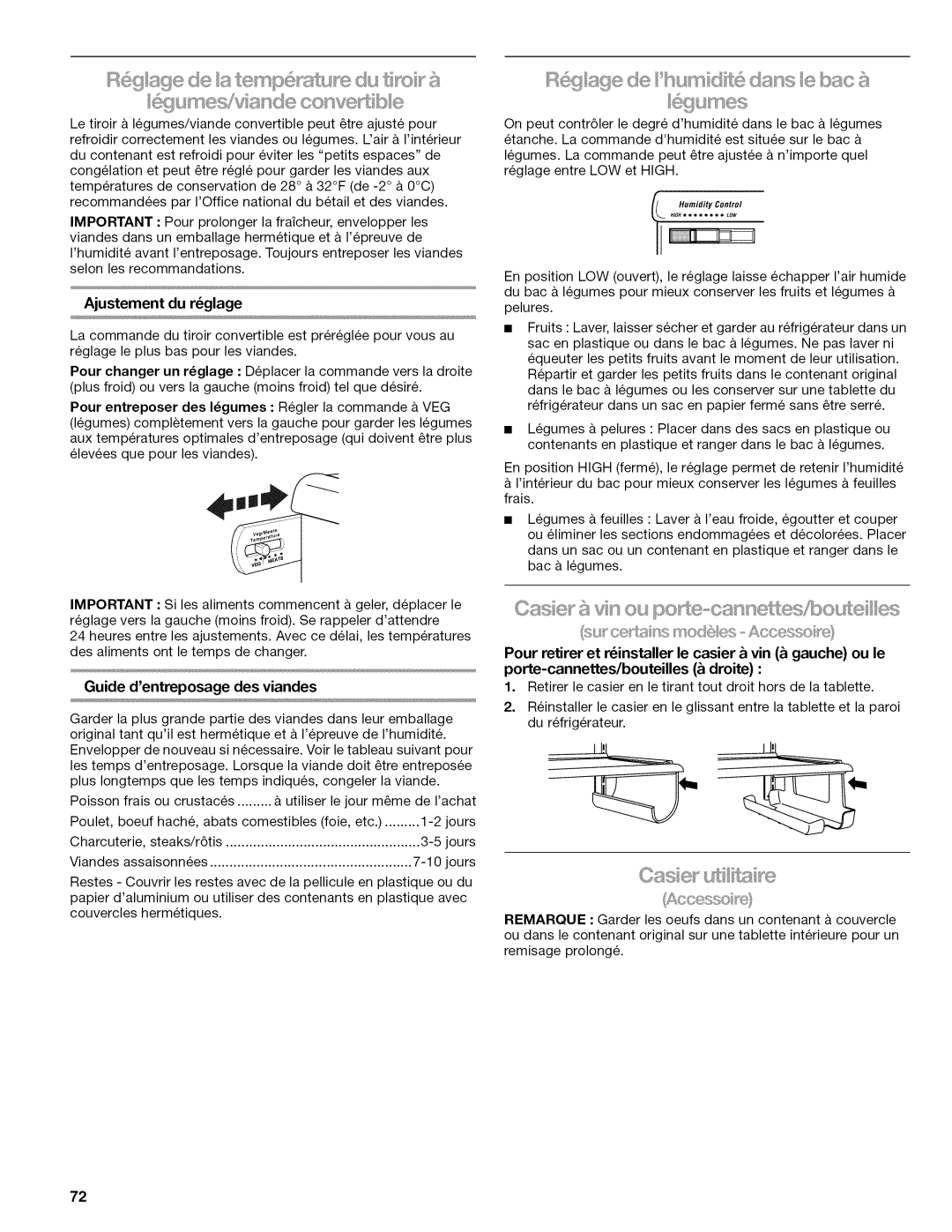 Kenmore W10215709A manual Sse, Ajustement du rglage, Guide dentreposage des viandes 