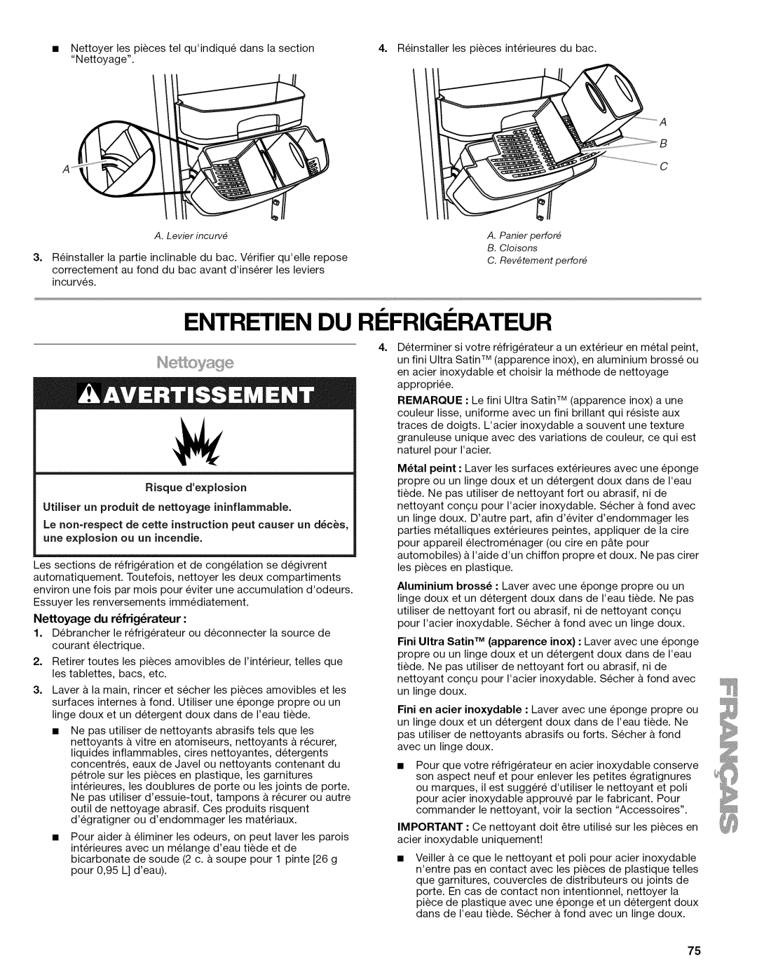 Kenmore W10215709A manual Entretien DU RI Frigi Rateur, Nettoyage du rfrigrateur 