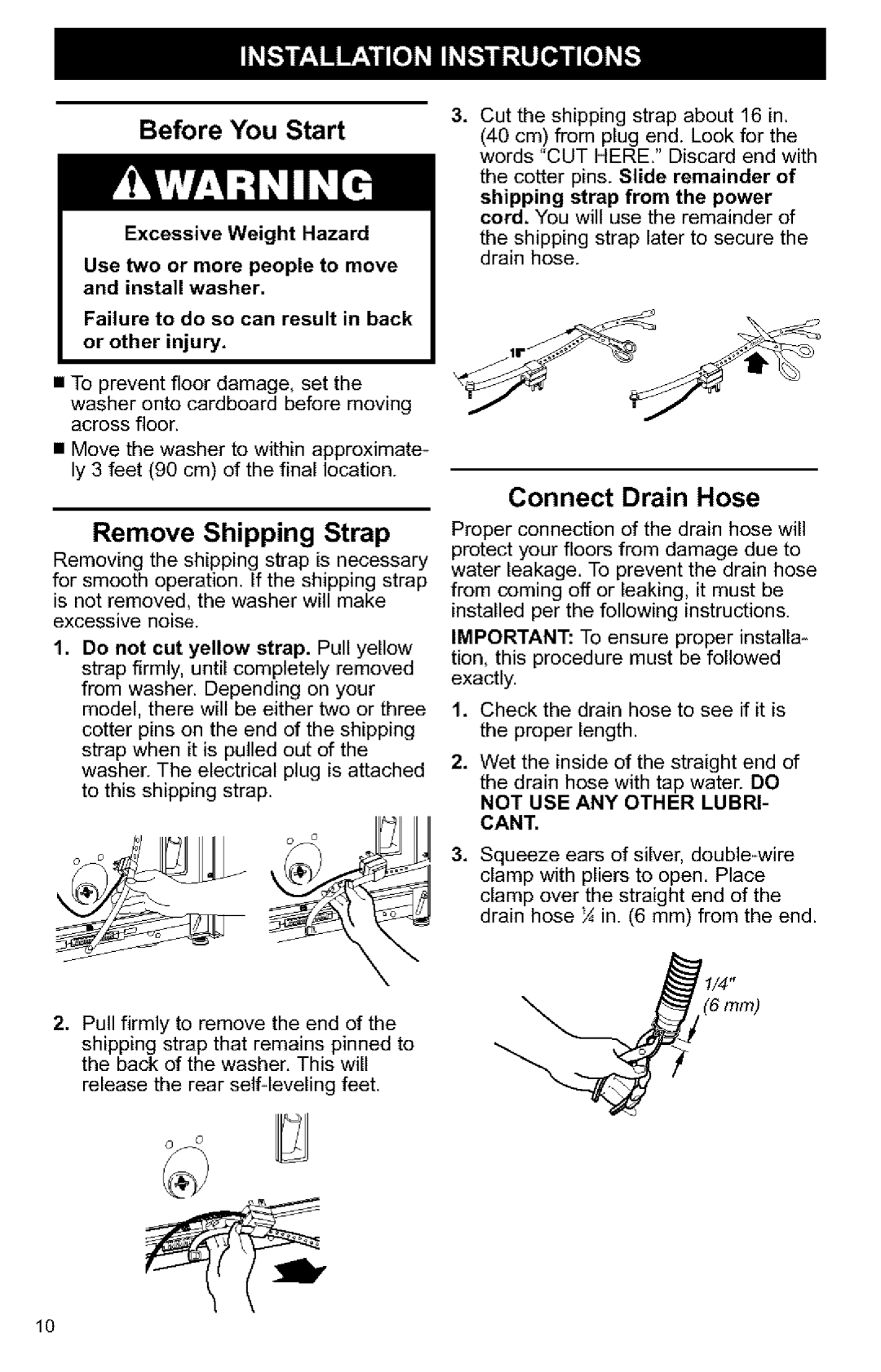 Kenmore Washer owner manual Before You Start, Remove Shipping Strap, Connect Drain Hose, Cant 