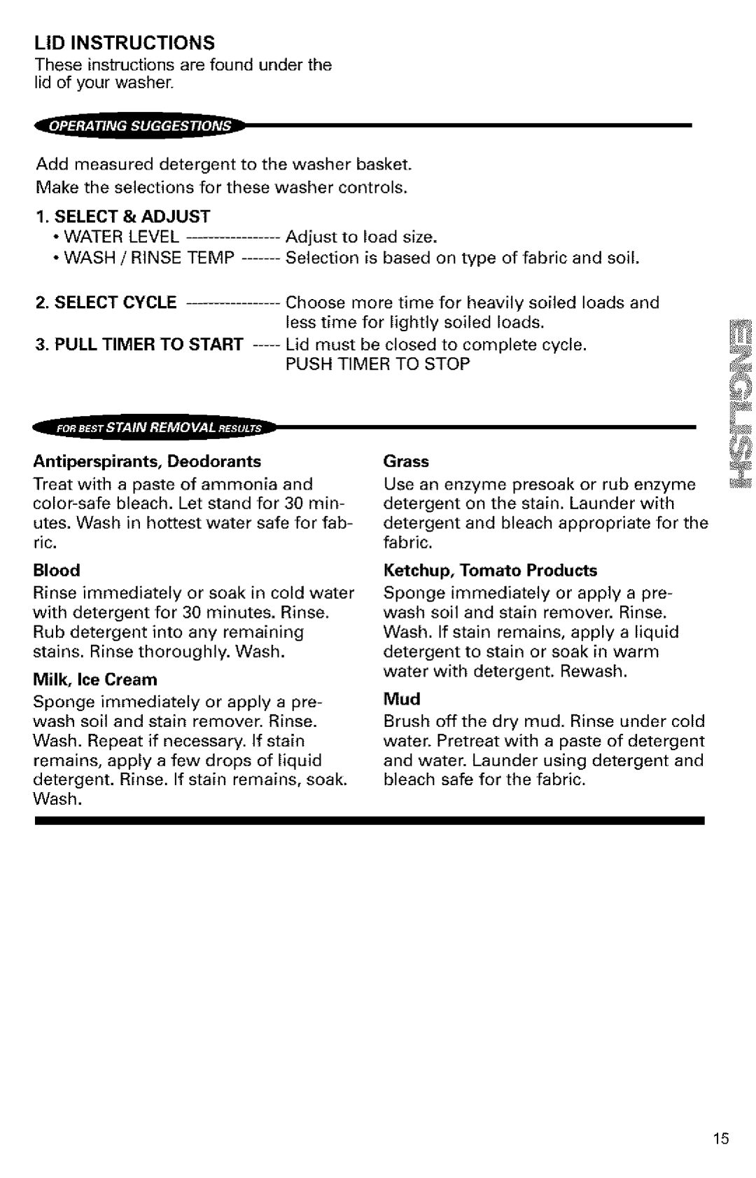 Kenmore Washer owner manual LID Instructions, Select & Adjust 