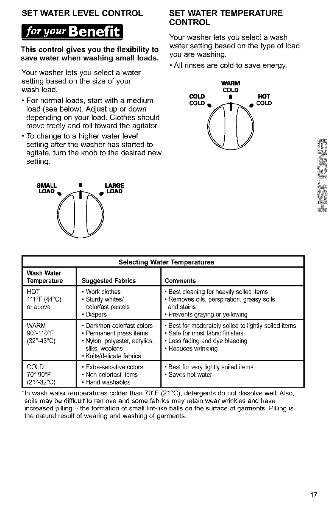 Kenmore Washer owner manual SET Water Level Control, SET Water Temperature Control, Warm Cold, Cold l HOT, Coldcold 