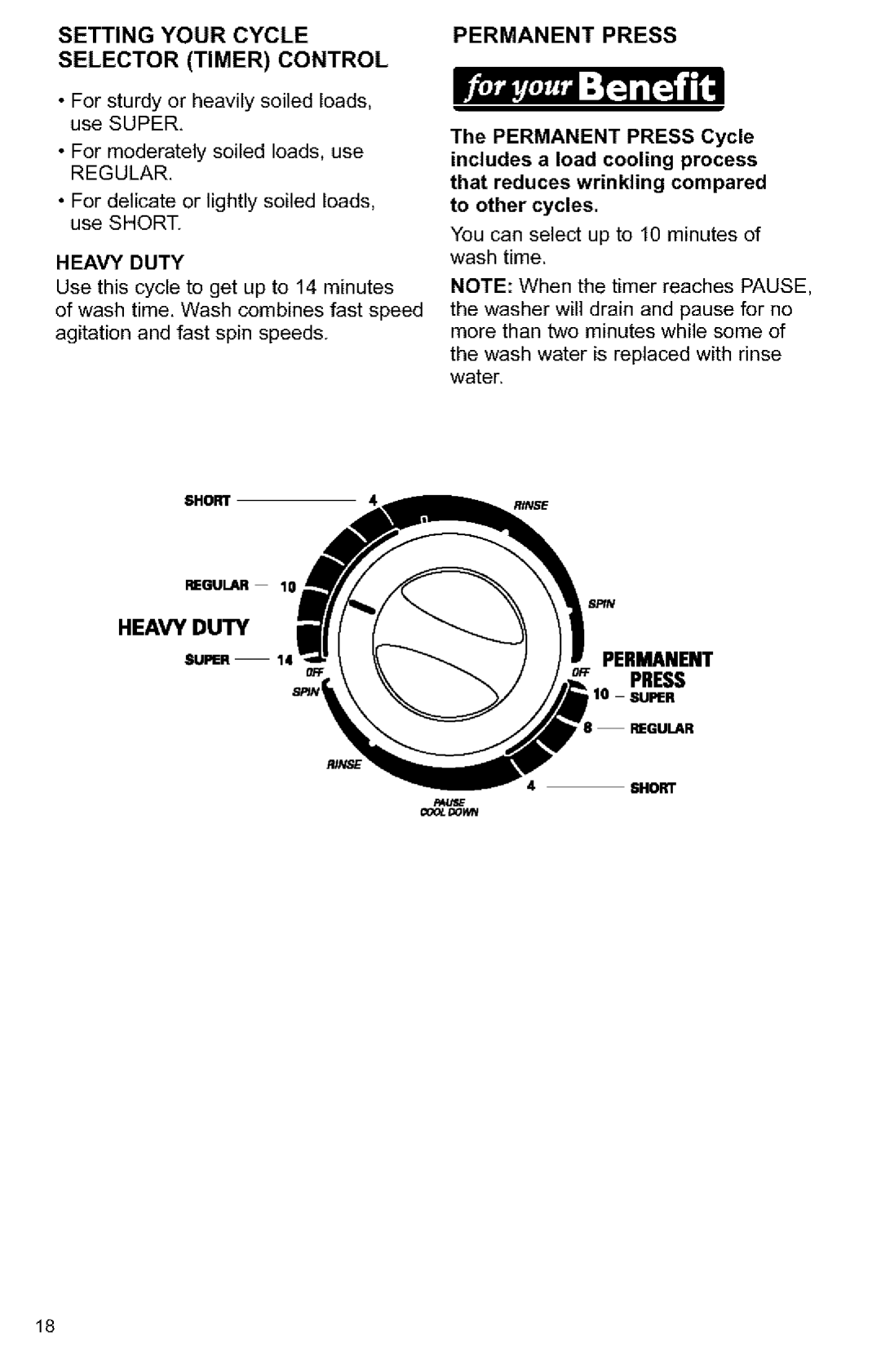 Kenmore Washer owner manual Setting Your Cycle Selector Timer Control, Heavy Duty, Permanent Press 