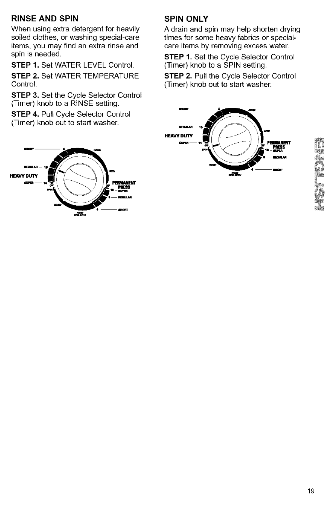 Kenmore Washer owner manual Rinse and Spin, Spin only 