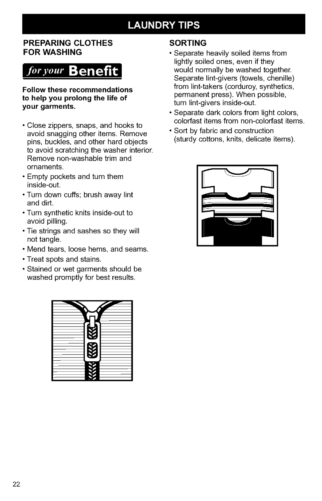 Kenmore Washer owner manual Preparing Clothes For Washing, Sorting 