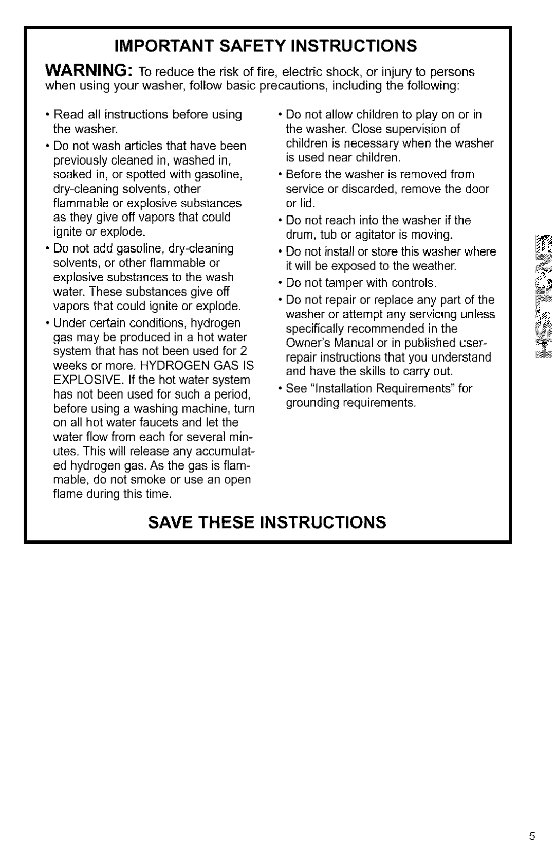 Kenmore Washer owner manual Important Safety Instructions 