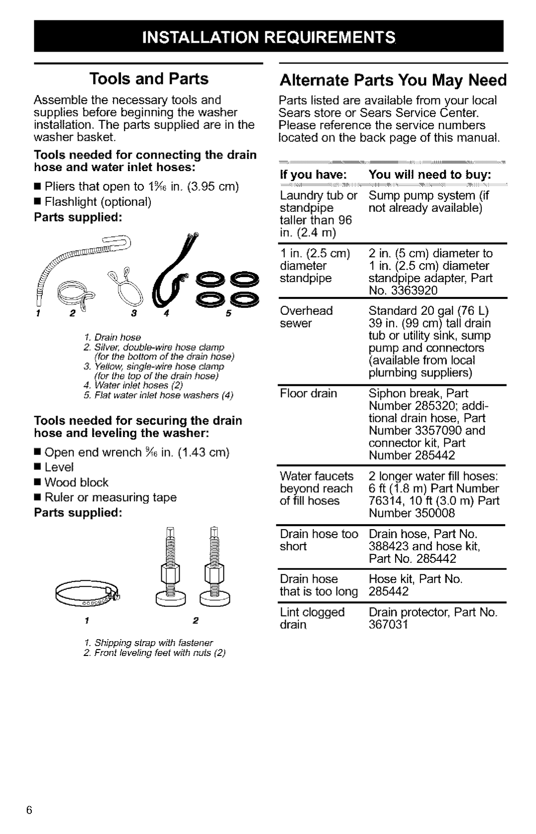 Kenmore Washer owner manual Tools and Parts, Alternate Parts You May Need, Parts supplied, If you have You will need to buy 