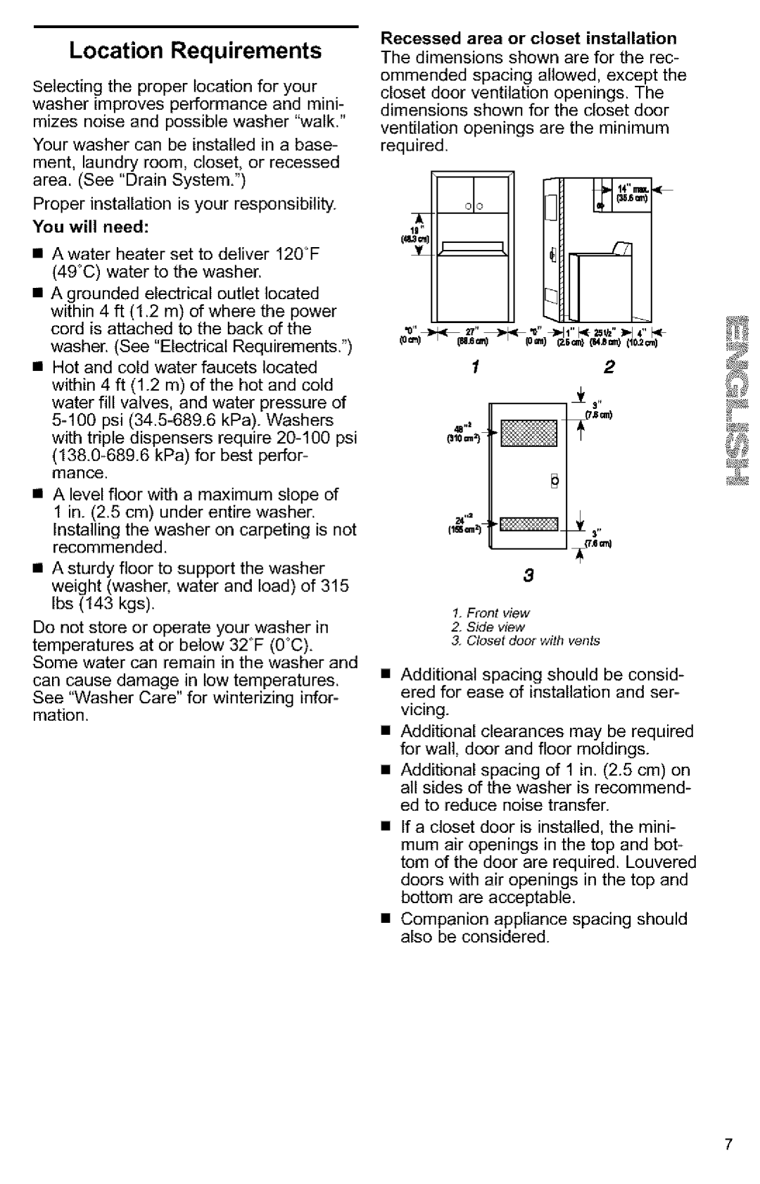 Kenmore Washer owner manual Location Requirements, You will need, Recessed area or closet installation 