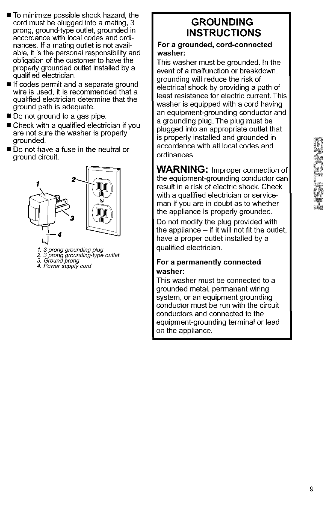 Kenmore Washer owner manual For a grounded, cord-connected washer, For a permanently connected washer 