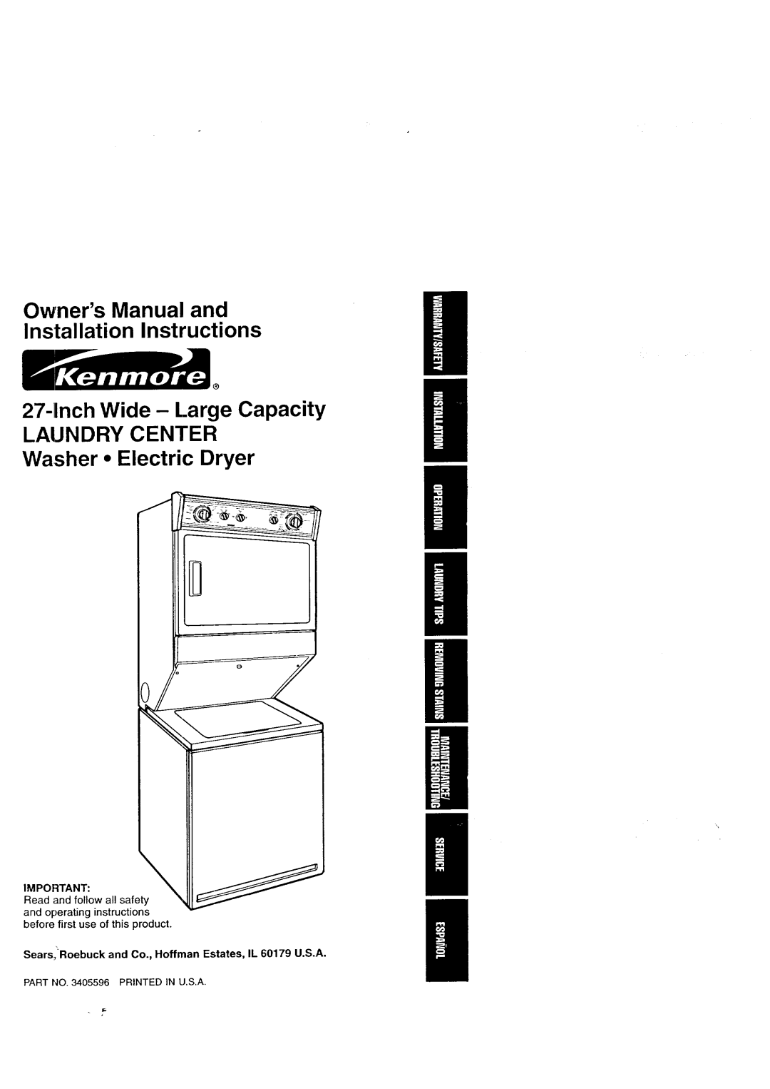 Kenmore Washer/Dryer owner manual Impofitant, Sears,Roebuck and Co., Hoffman Estates, IL 60179 U.S.A 