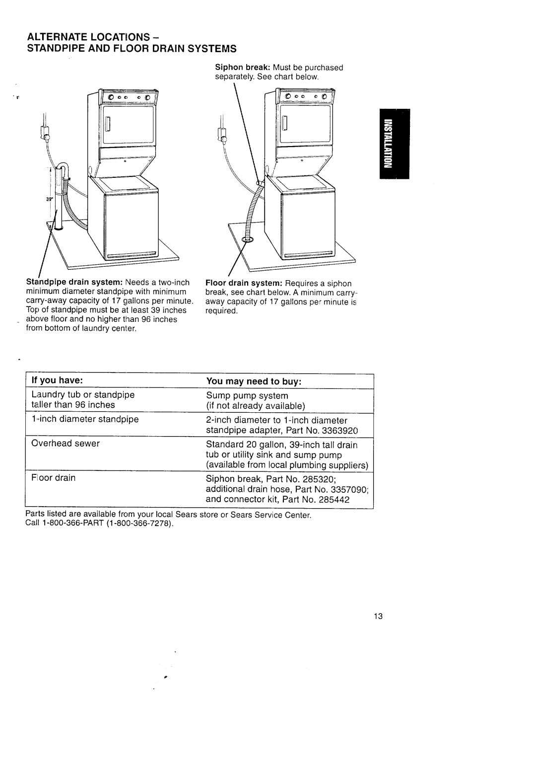 Kenmore Washer/Dryer owner manual AI..TERNATE Locations, Standpipe and Floor Drain Systems, If you have You may need to buy 