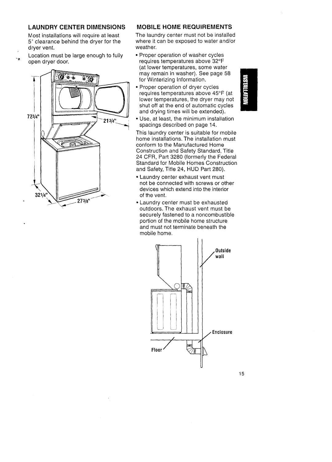 Kenmore Washer/Dryer owner manual Laundry Center Dimensions, Mobile Home Requirements, Wall Enclosure Floor 