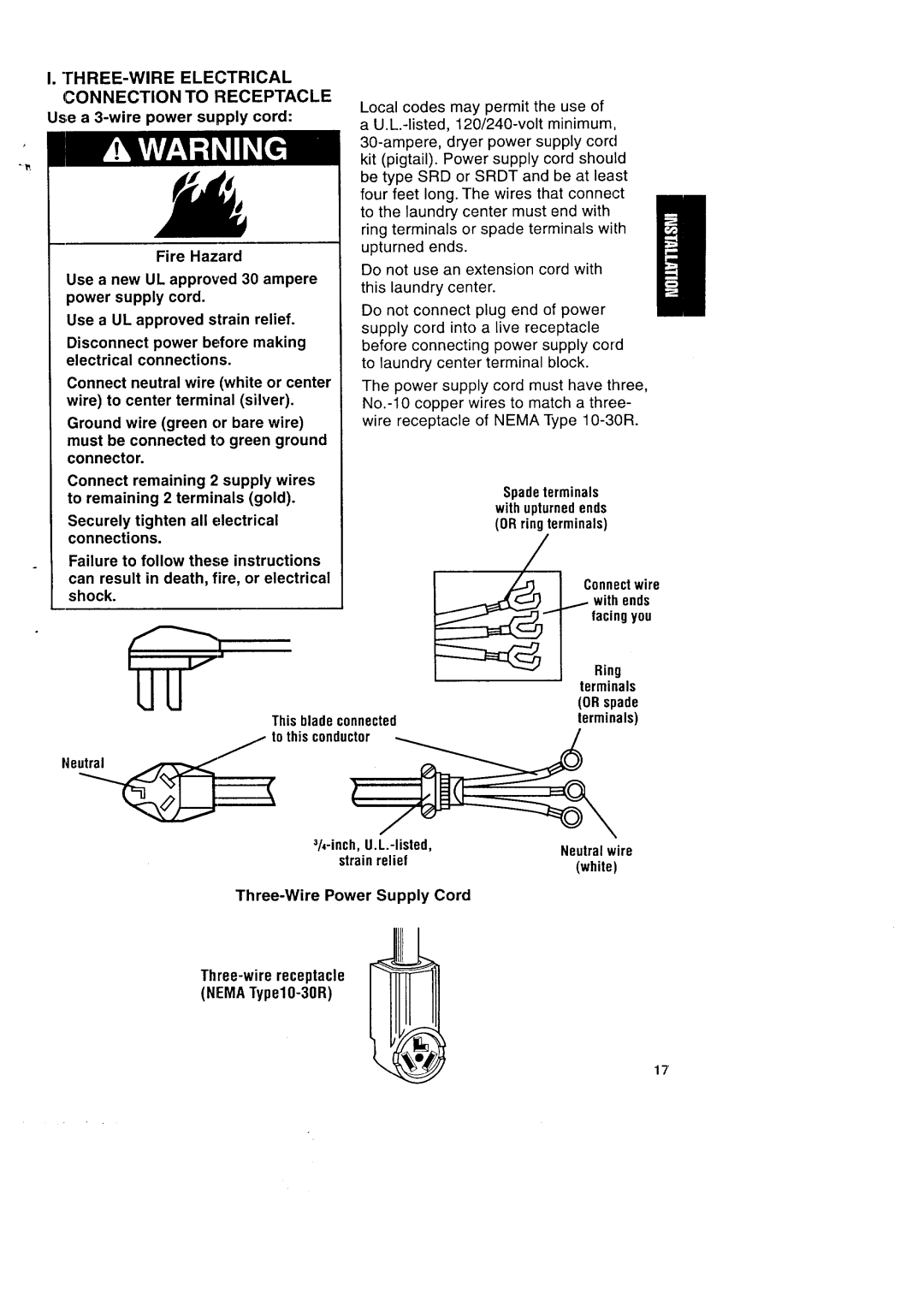 Kenmore Washer/Dryer THREE-WIREELECTRICAL Connection to Receptacle, Tothis conductor, Ring terminals Or spade terminals 