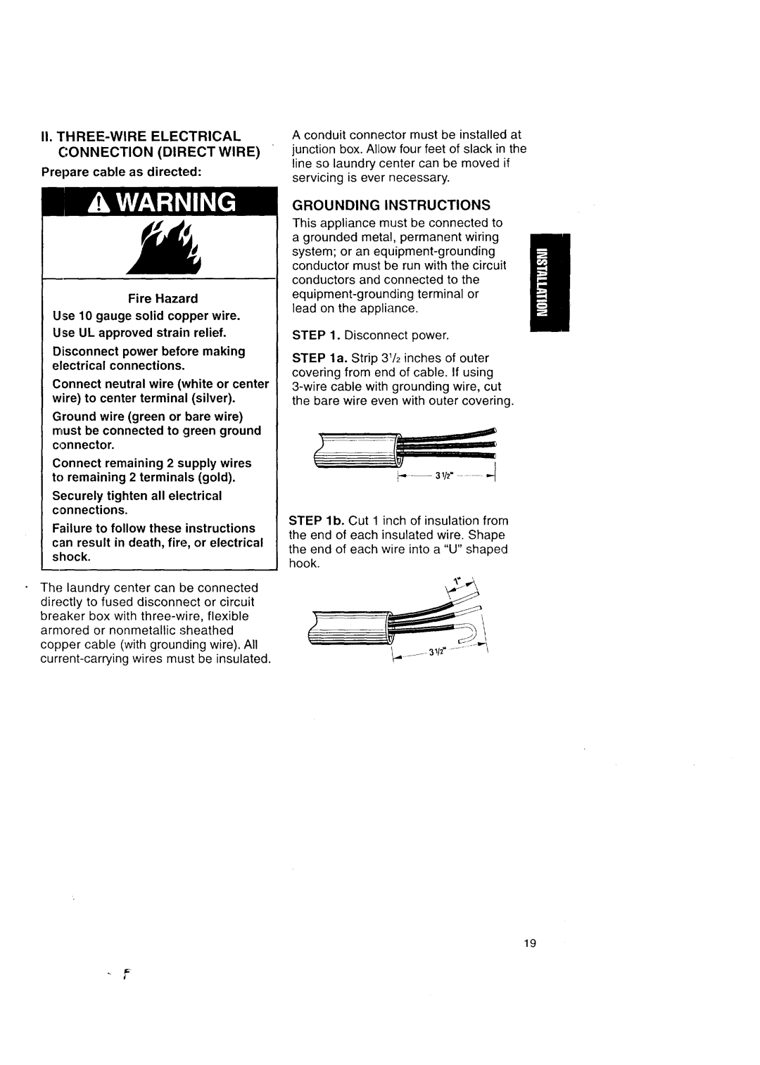 Kenmore Washer/Dryer owner manual II. THREE-WIRE Electrical Connection Direct Wire 