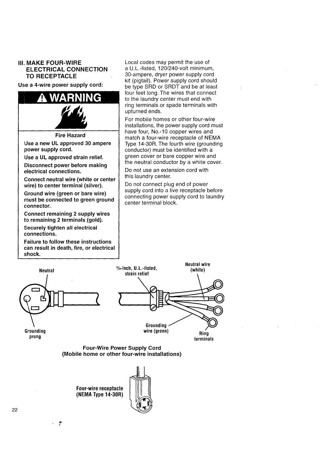 Kenmore Washer/Dryer owner manual II1. Make FOUR-WIRE Electrical Connection To Receptacle, Ring 