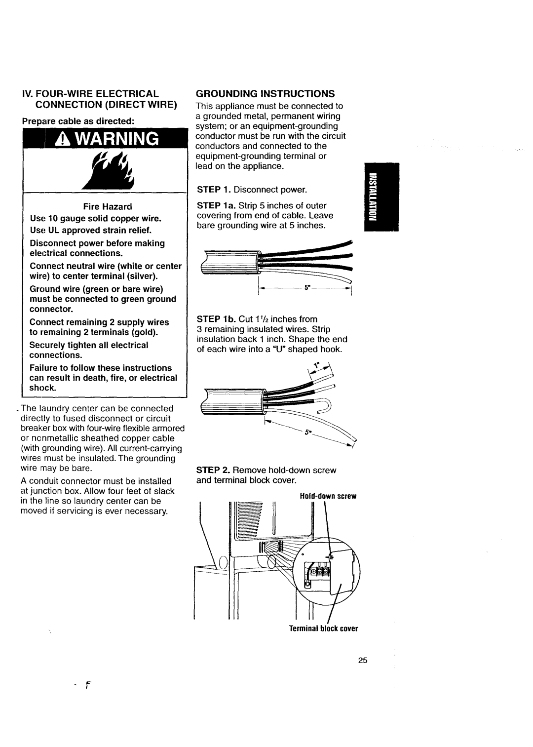 Kenmore Washer/Dryer owner manual IV. FOUR-WIRE Electrical Connection Direct Wire 