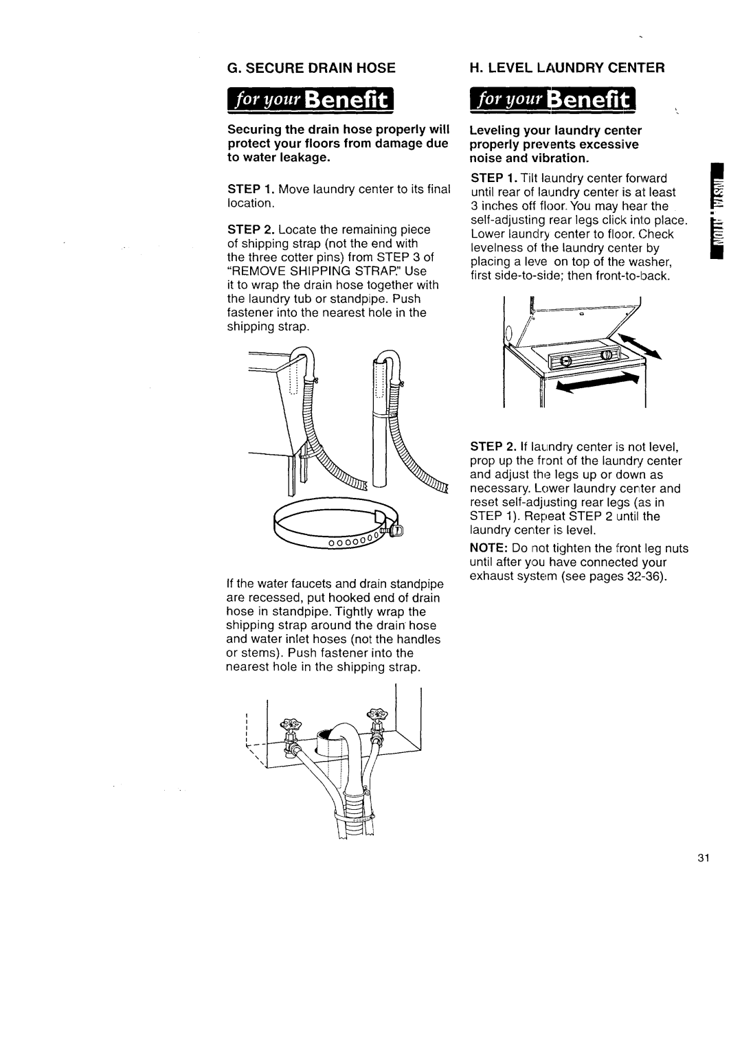 Kenmore Washer/Dryer owner manual Secure Drain Hose Level Laundry Center 