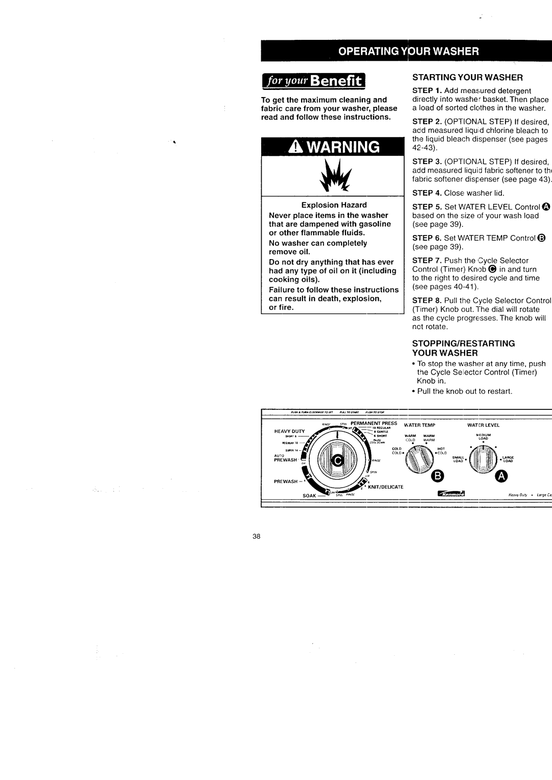 Kenmore Washer/Dryer owner manual Starting Your Washer, Stopping/Restarting 