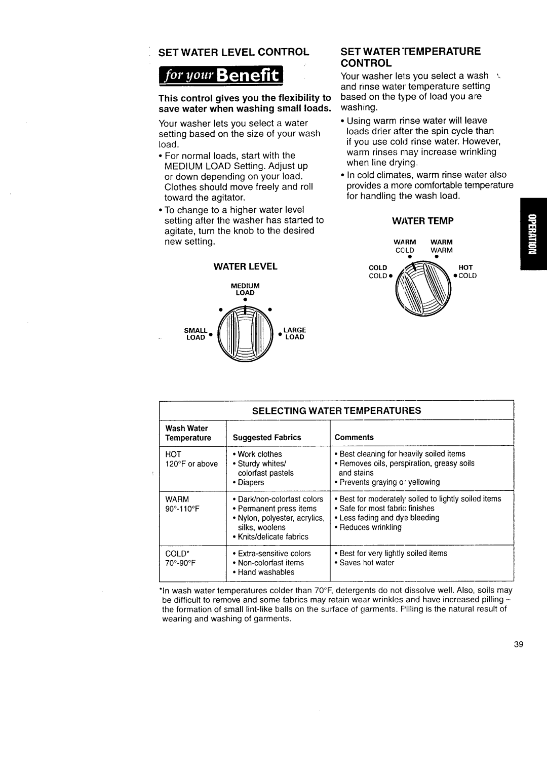 Kenmore Washer/Dryer owner manual SET Water Level Control SET Water Temperature, Temperatures 