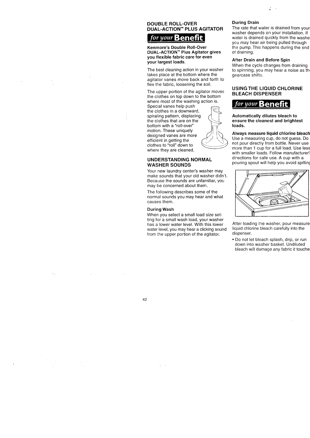 Kenmore Washer/Dryer owner manual Rzo,.IN t, Double ROLL-OVER DUAL-ACTION Plus Agitator, Bleach Dispenser 