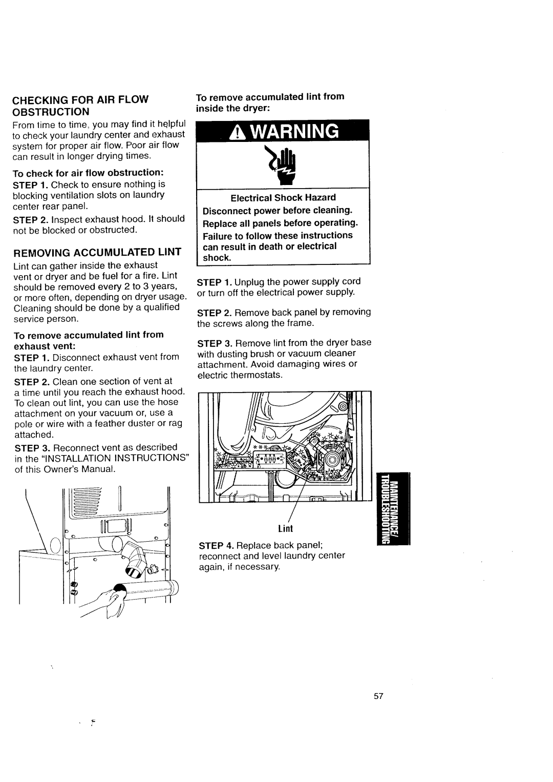 Kenmore Washer/Dryer Checking for AIR Flow Obstruction, To check for air flow obstruction, Removing Accumulated Lint 