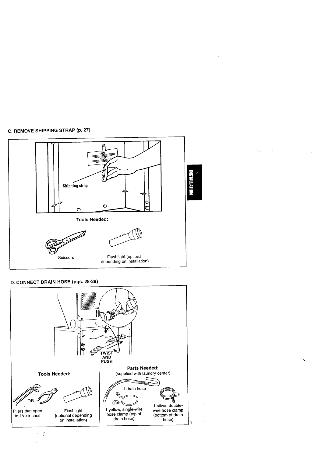 Kenmore Washer/Dryer owner manual Remove Shipping Strap p Shippingstrapj Tools Needed, Connect Drain Hose pgs, Push 