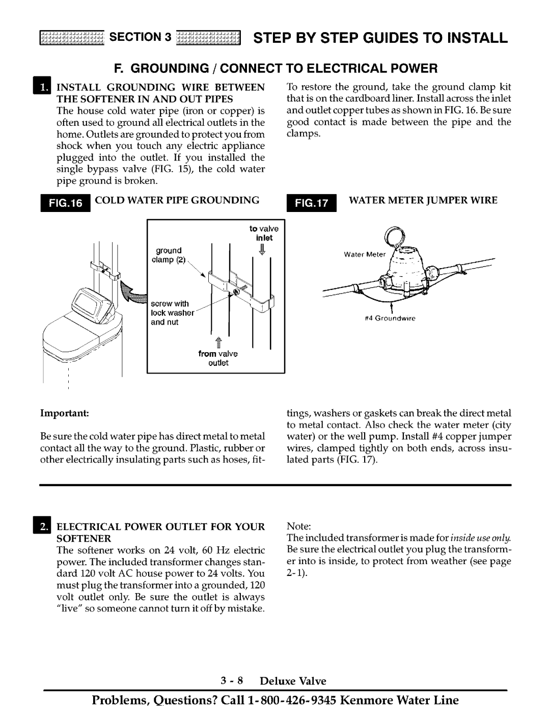 Kenmore Water System installation manual Grounding / Connect, To Electrical Power, Installgrounding Wire Between, Softener 